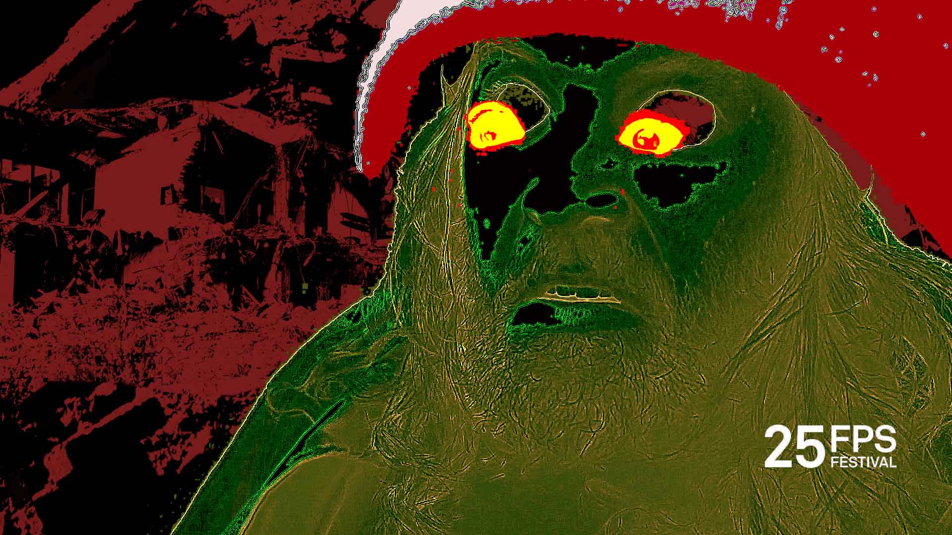 Distorted image of a person with glowing yellow eyes, long hair, and a beard in front of damaged buildings.